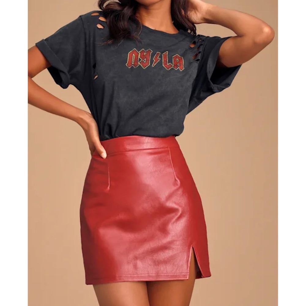 Lulus Corte Red Vegan Leather Mini Skirt High Waisted Side Slit Size S NEW